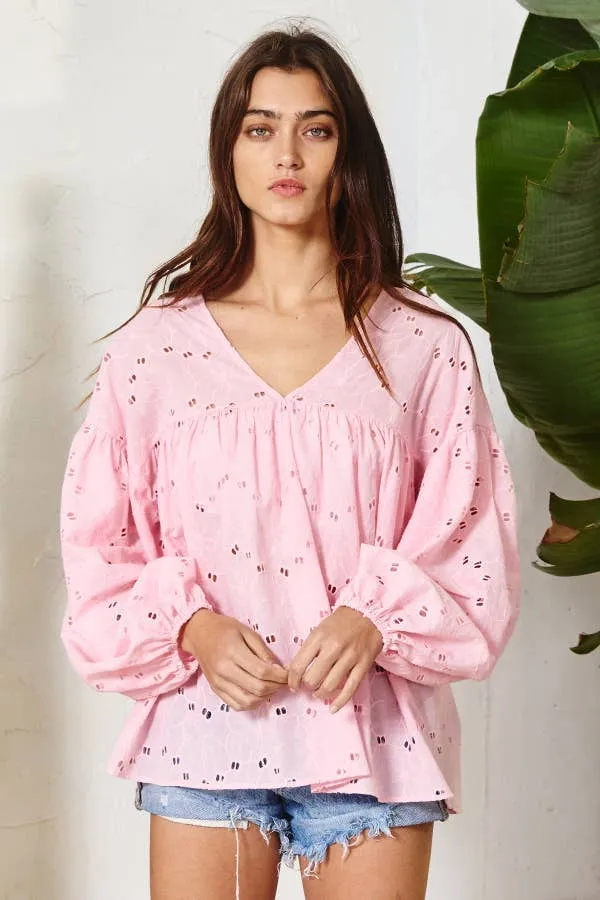 Pink Puff Sleeve Eyelet Lace Babydoll Tunic Top