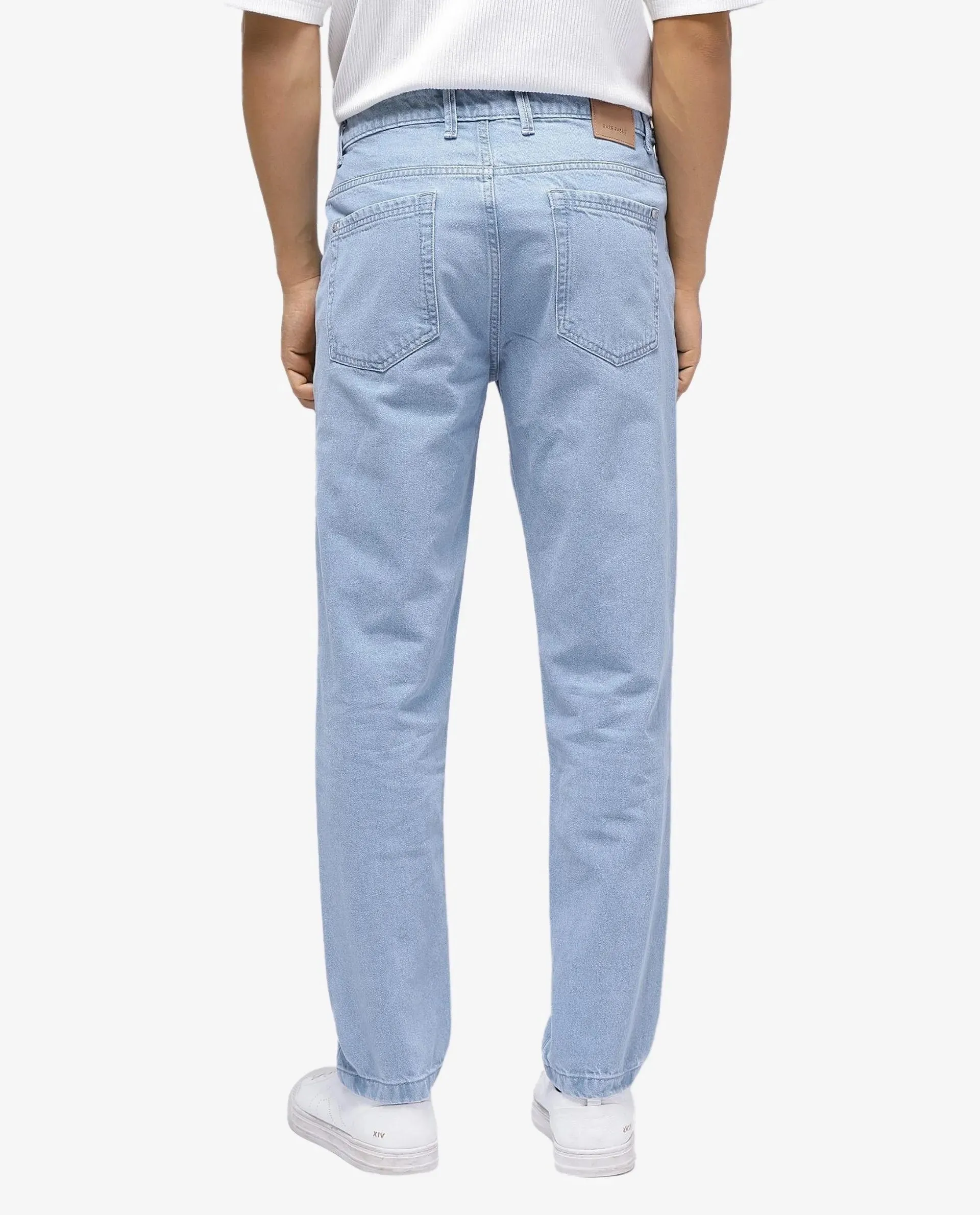 Rare Rabbit Men Gleb Light Blue Cotton Fabric Mid Rise Carrot Fit Mid Wash Plain Denim Trousers