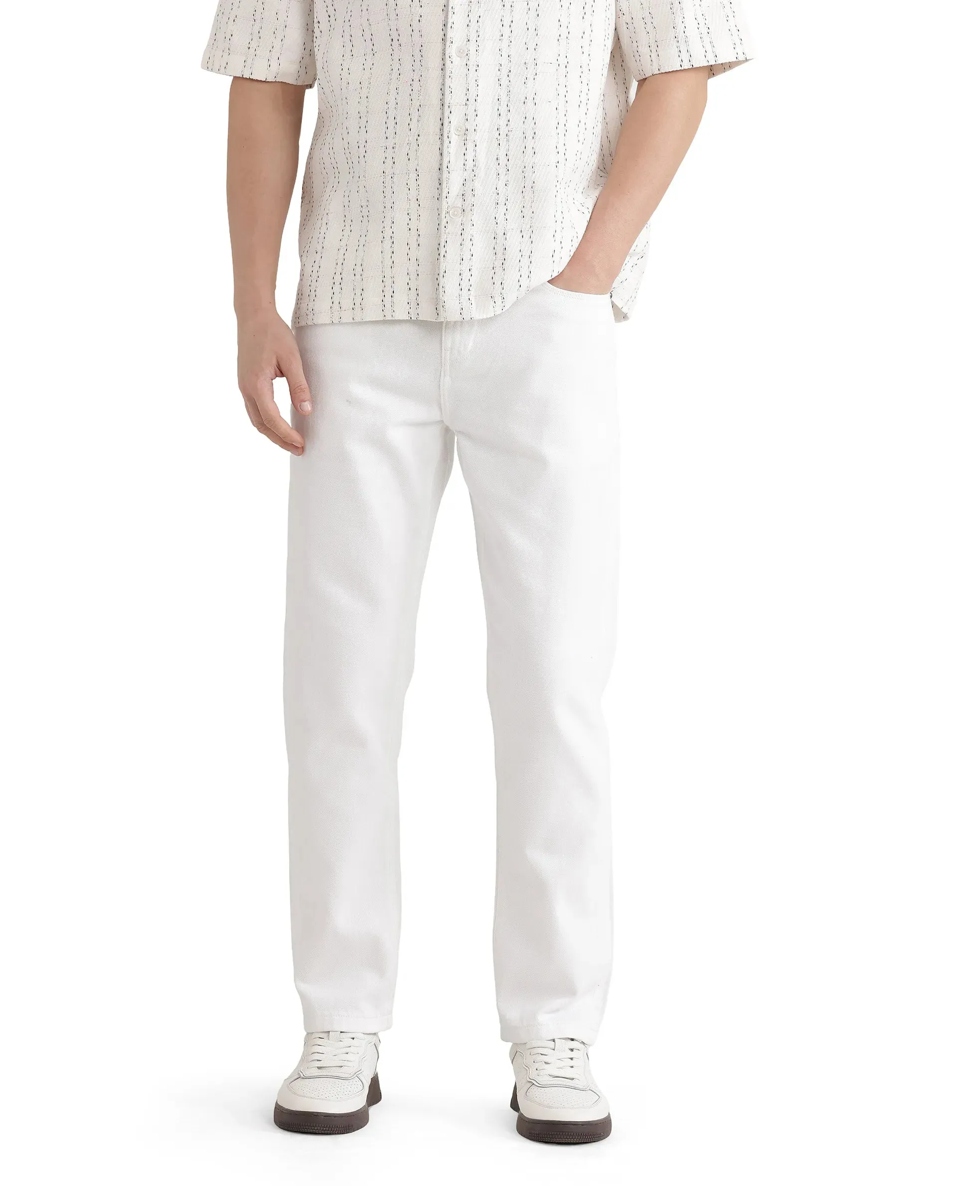 Rare Rabbit Men Gleb White Cotton Fabric Carrot Fit Plain Denim Pant