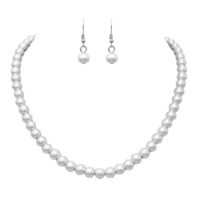Simulated 8mm Glass Pearl Necklace Strand And Dangle Earrings Set, 16"-18" plus 3" Extender (White)