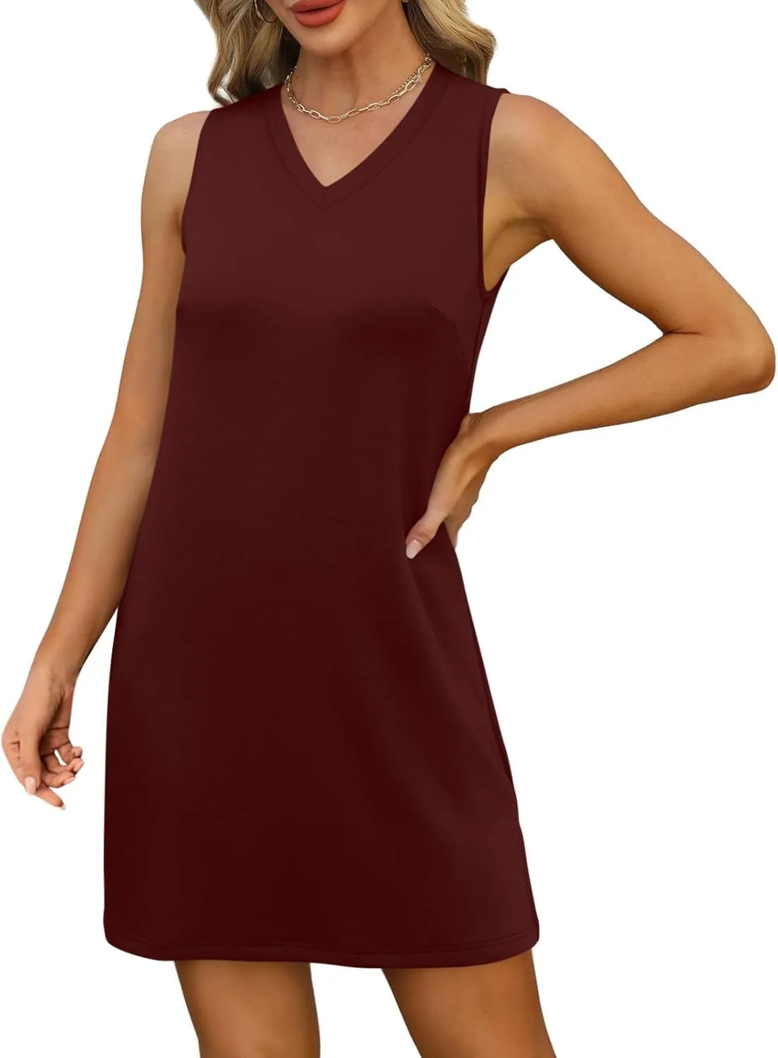 Summer Dresses for Women 2025 Sleeveless Sundresses V-Neck Business Casual Swing Side Slits Beach T Shirt Dresses