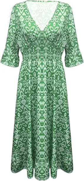Summer Dresses for Women Boho Floral Print Dress 2025 Casual V Neck Bohemian Wrap 3/4 Sleeve High Waist Midi Dress