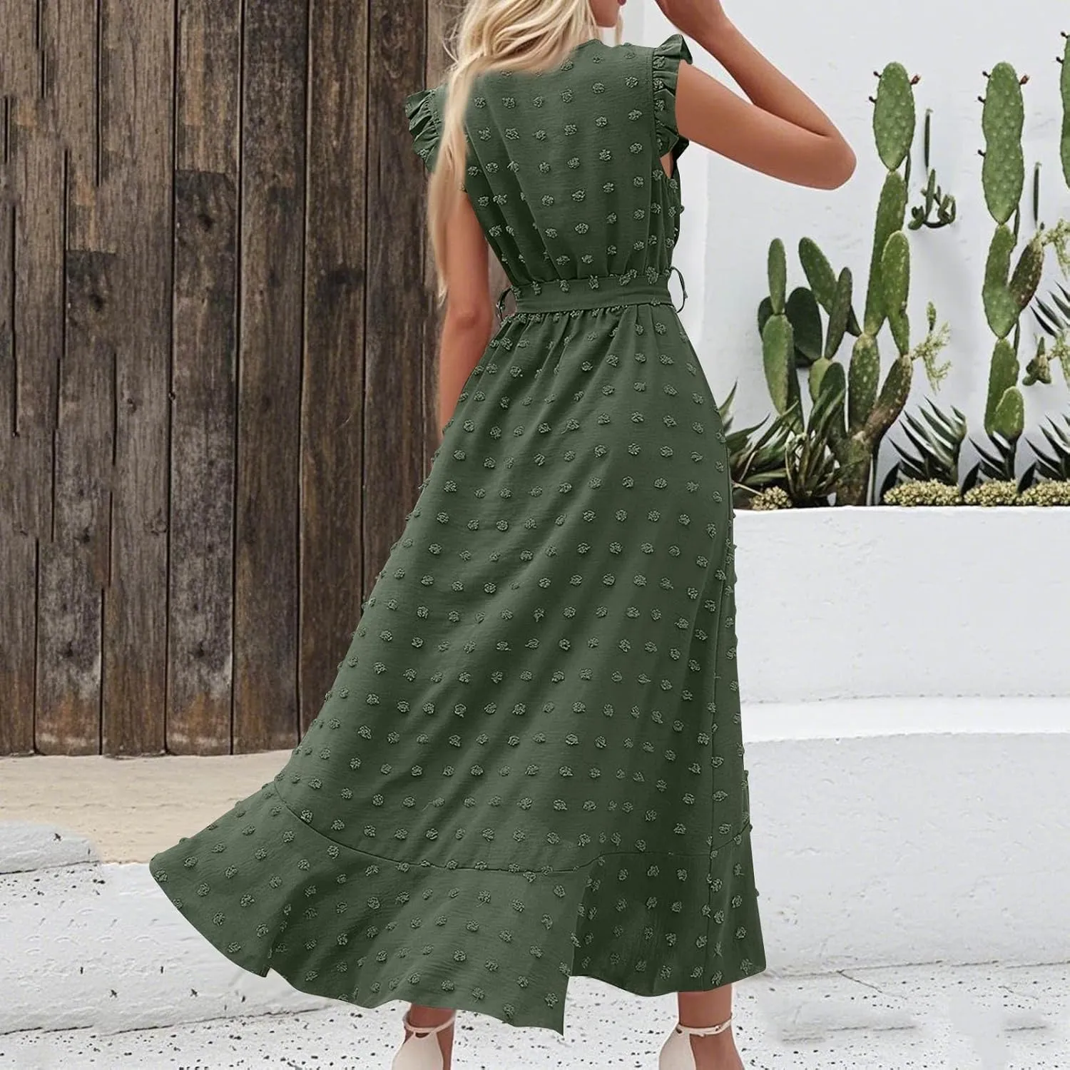 Summer Dresses for Women V Neck Cap Sleeve Swiss Dot Boho Flowy Ruffle Slit Beach Party Long Maxi Cocktail Dresses
