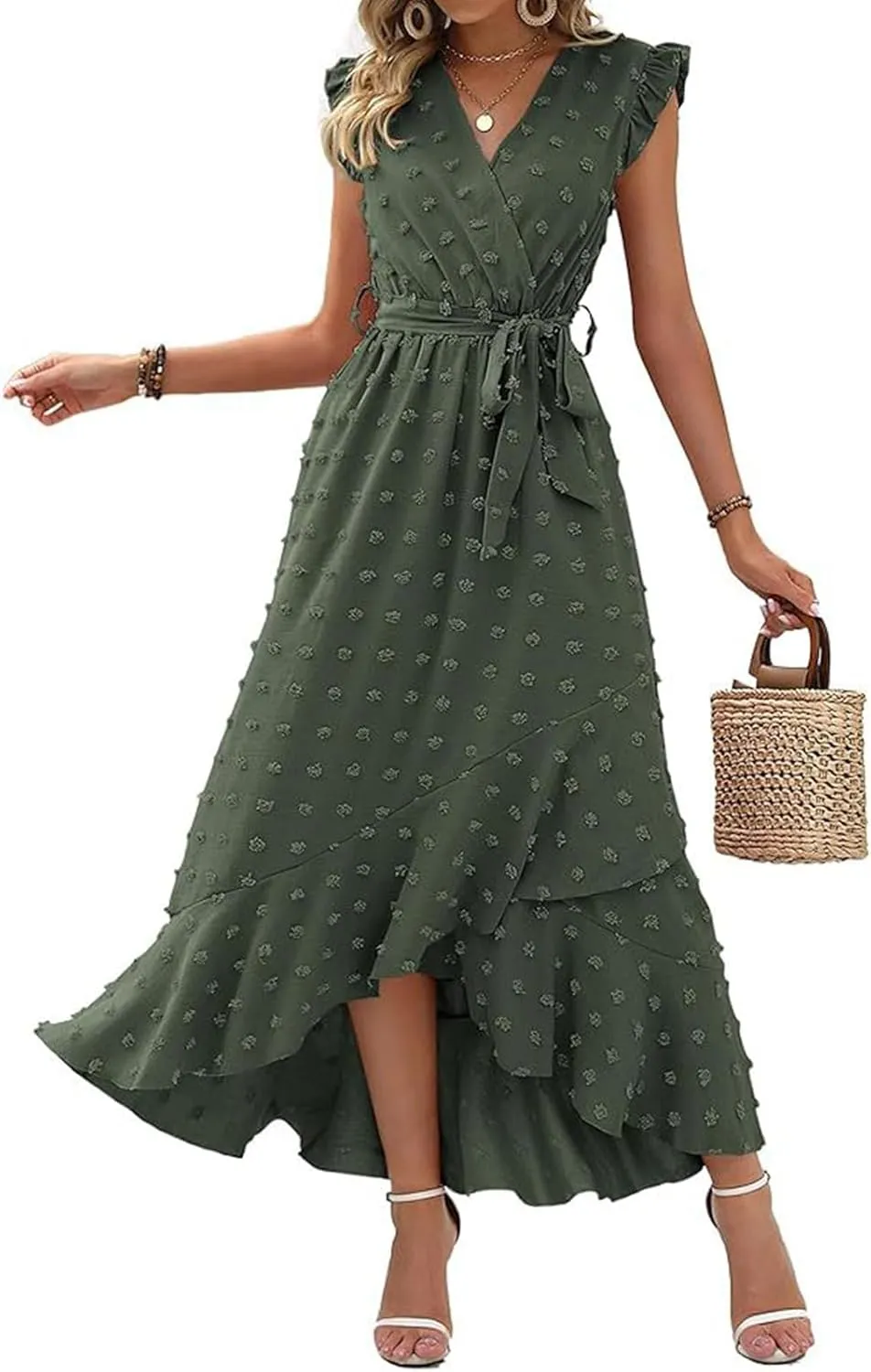 Summer Dresses for Women V Neck Cap Sleeve Swiss Dot Boho Flowy Ruffle Slit Beach Party Long Maxi Cocktail Dresses
