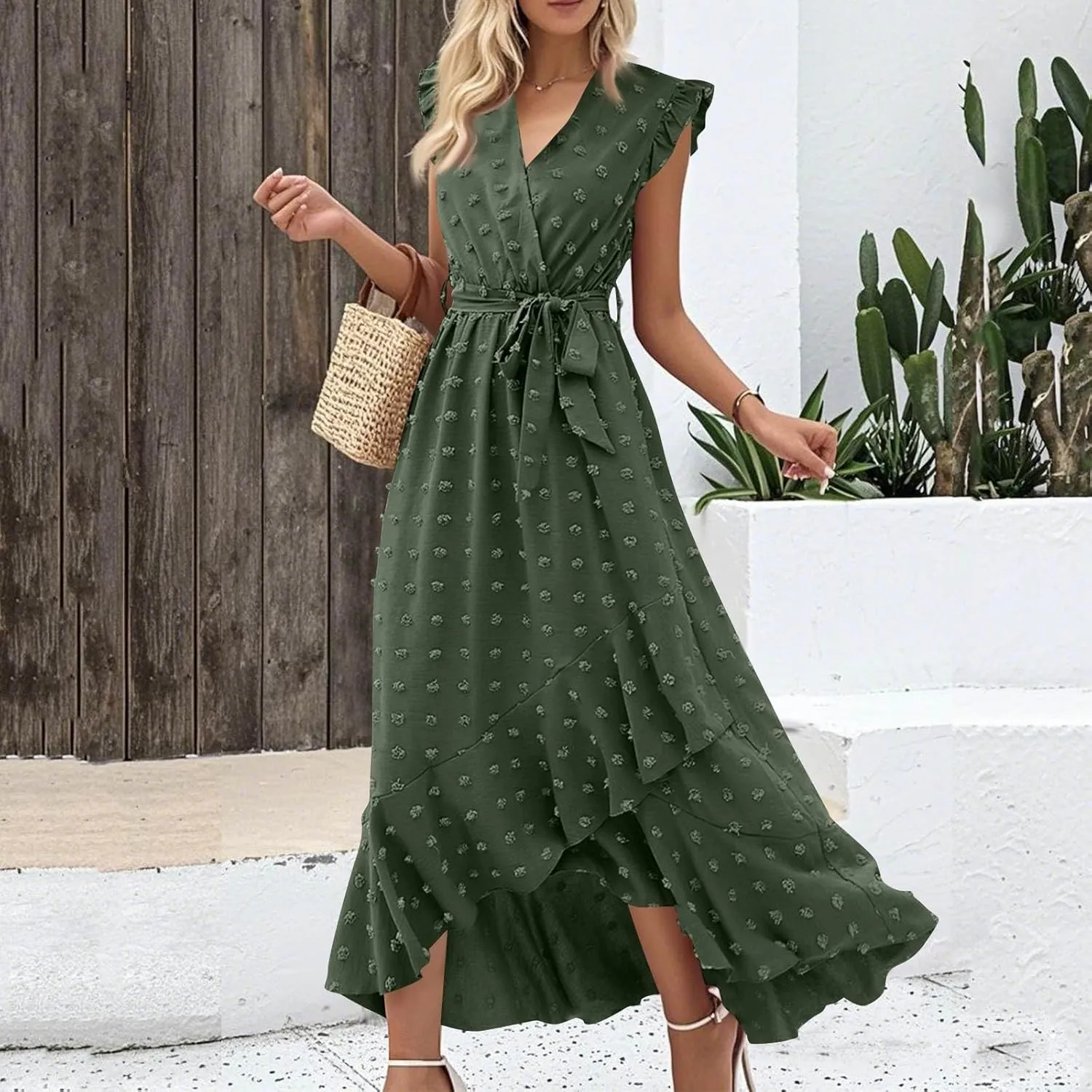 Summer Dresses for Women V Neck Cap Sleeve Swiss Dot Boho Flowy Ruffle Slit Beach Party Long Maxi Cocktail Dresses