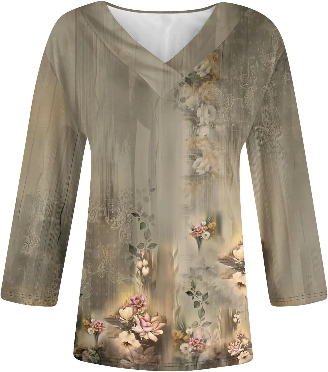 Summer Shirts for Women,Women's Floral Print V-Neck 3/4 Sleeve Casual Blouse Top Elegant Spring Summer Fashion