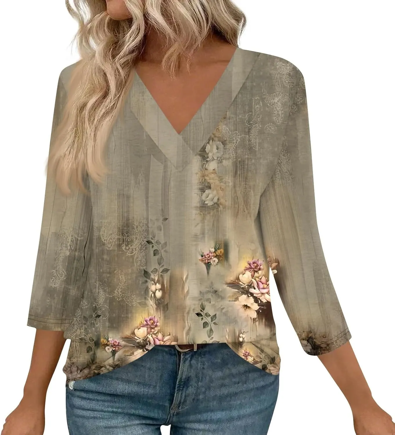 Summer Shirts for Women,Women's Floral Print V-Neck 3/4 Sleeve Casual Blouse Top Elegant Spring Summer Fashion
