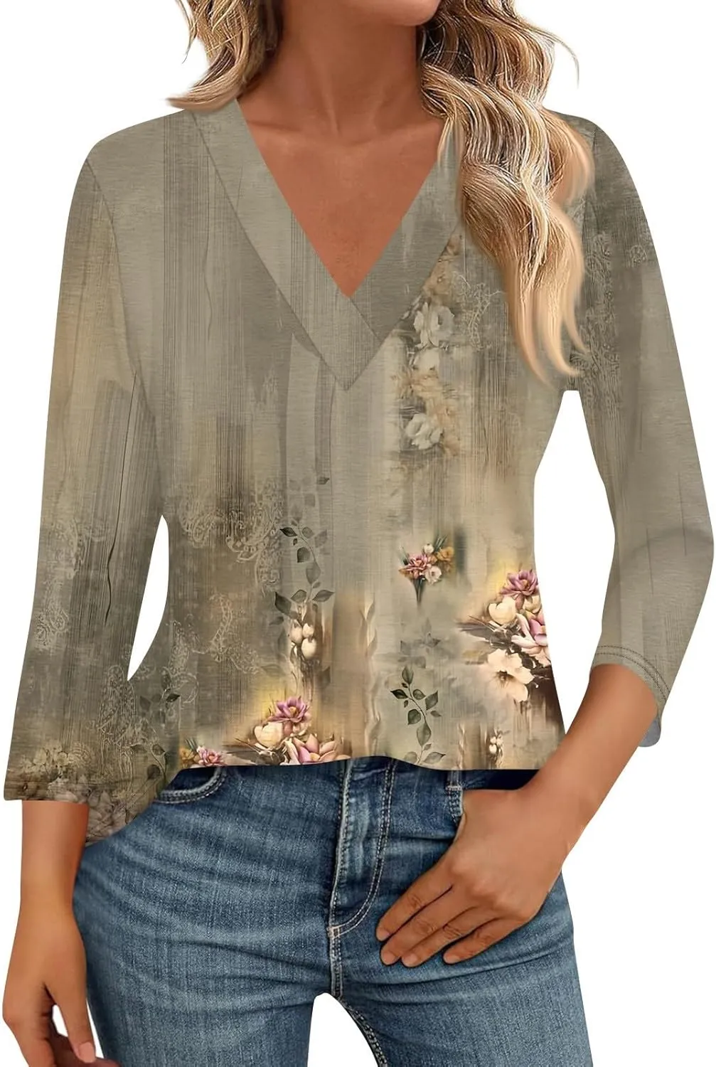Summer Shirts for Women,Women's Floral Print V-Neck 3/4 Sleeve Casual Blouse Top Elegant Spring Summer Fashion