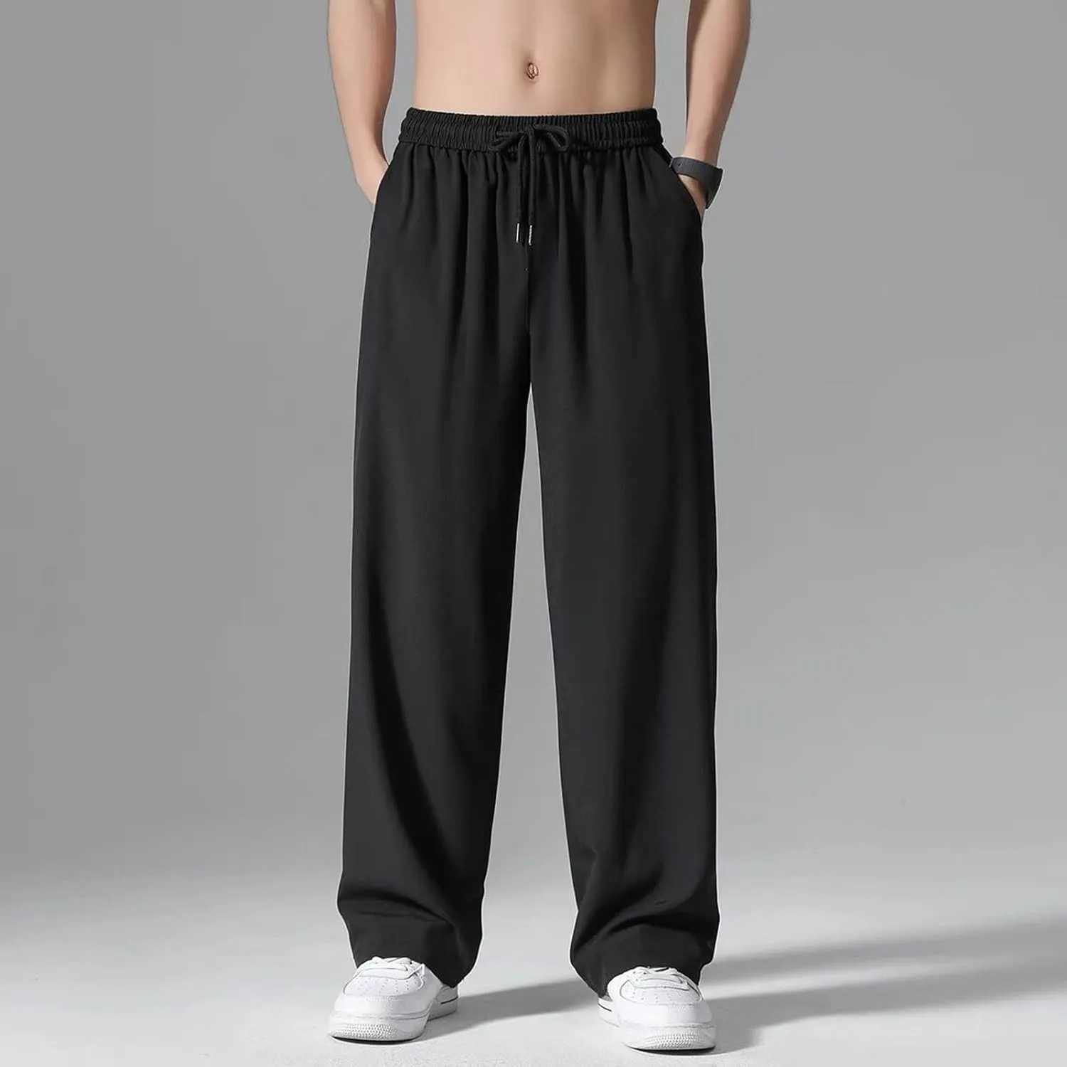 Sweatpants for Men Wide Leg Summer Drawstring Elastic Waist Pockets Breathable Athletic Summer Fresh Running Trousers