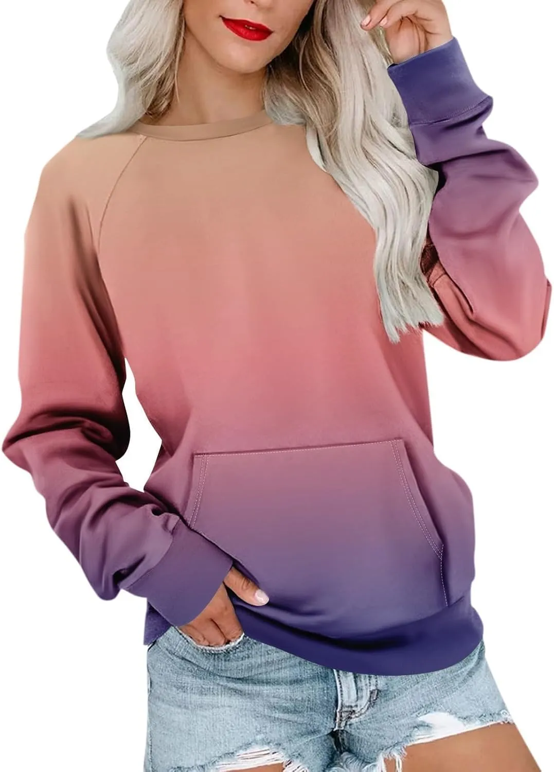 Sweatshirt for Women Fall Fashion Long Sleeve Crewneck T-shirt Loose Comfortable Pullover Hoodless Sweatshirts with Pockets