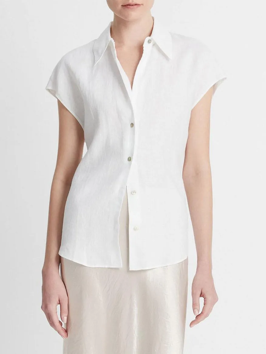 Vince Linen Cap-Sleeve Button-Front Blouse in Optic White