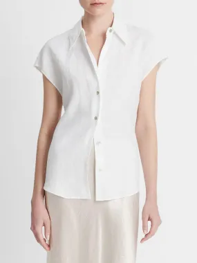 Vince Linen Cap-Sleeve Button-Front Blouse in Optic White