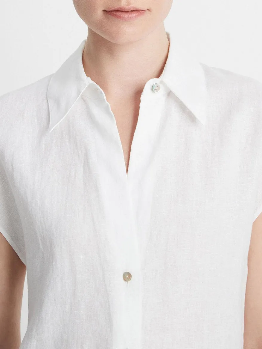 Vince Linen Cap-Sleeve Button-Front Blouse in Optic White