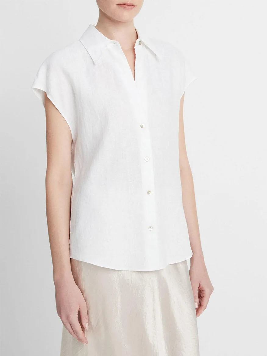 Vince Linen Cap-Sleeve Button-Front Blouse in Optic White