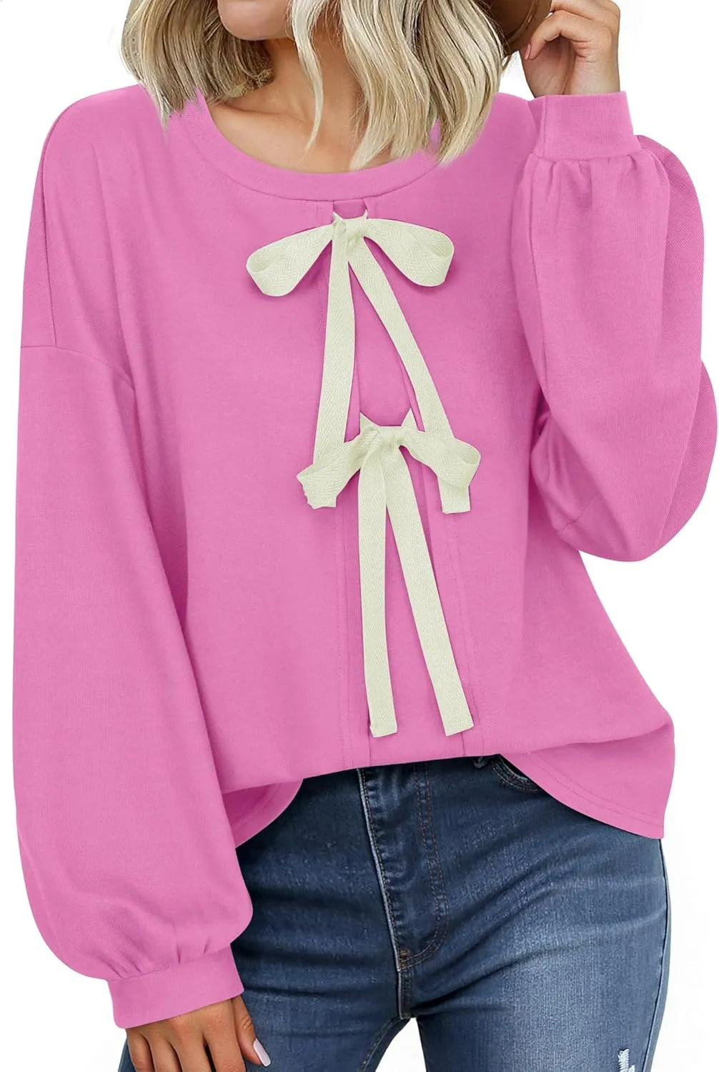 Vivilli Women's Tie Front Knit Tops Long Lantern Sleeve Shirts Crewneck Sweatshirts A-Line Patchwork Fall Fashion 2025 Tunic