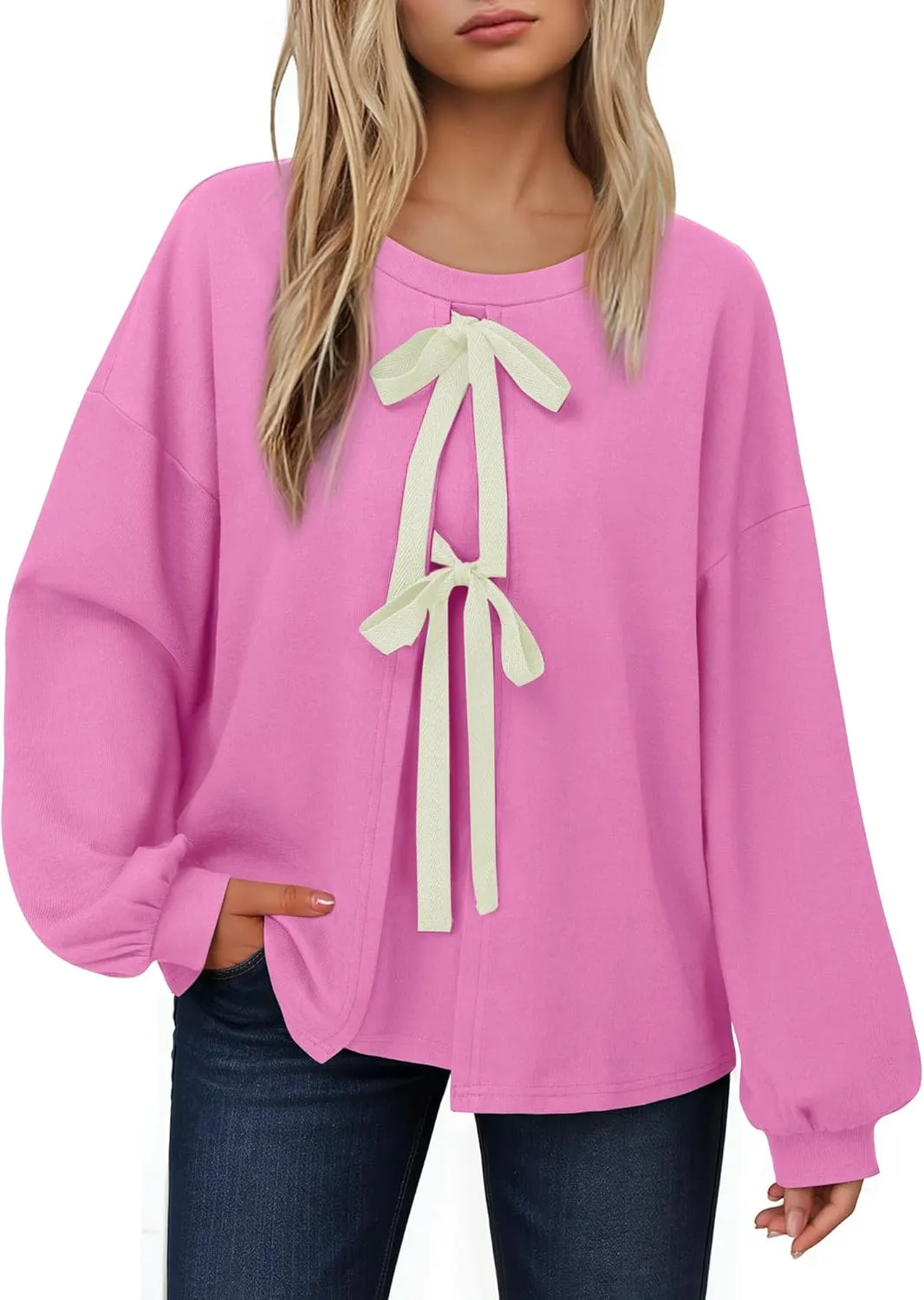 Vivilli Women's Tie Front Knit Tops Long Lantern Sleeve Shirts Crewneck Sweatshirts A-Line Patchwork Fall Fashion 2025 Tunic