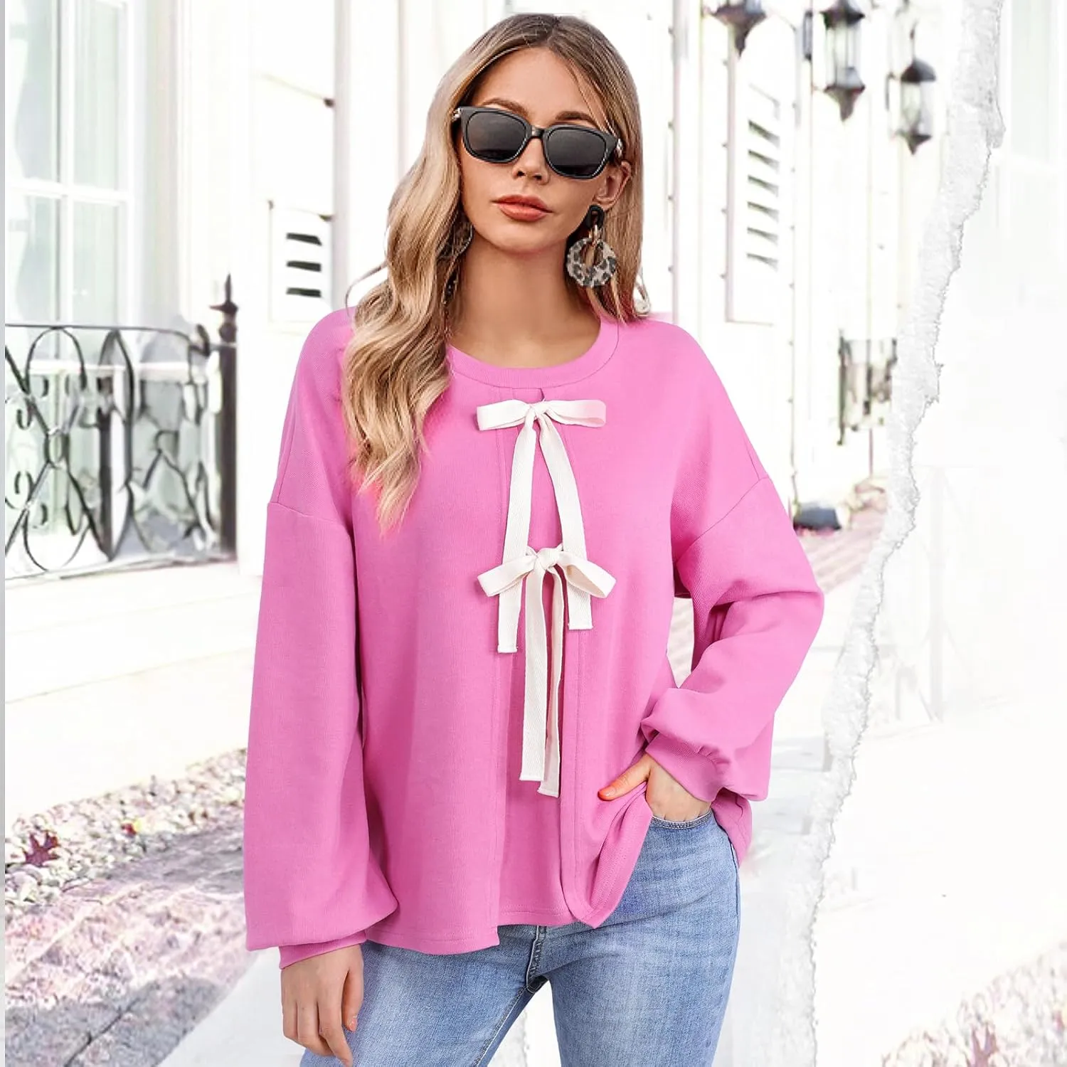 Vivilli Women's Tie Front Knit Tops Long Lantern Sleeve Shirts Crewneck Sweatshirts A-Line Patchwork Fall Fashion 2025 Tunic