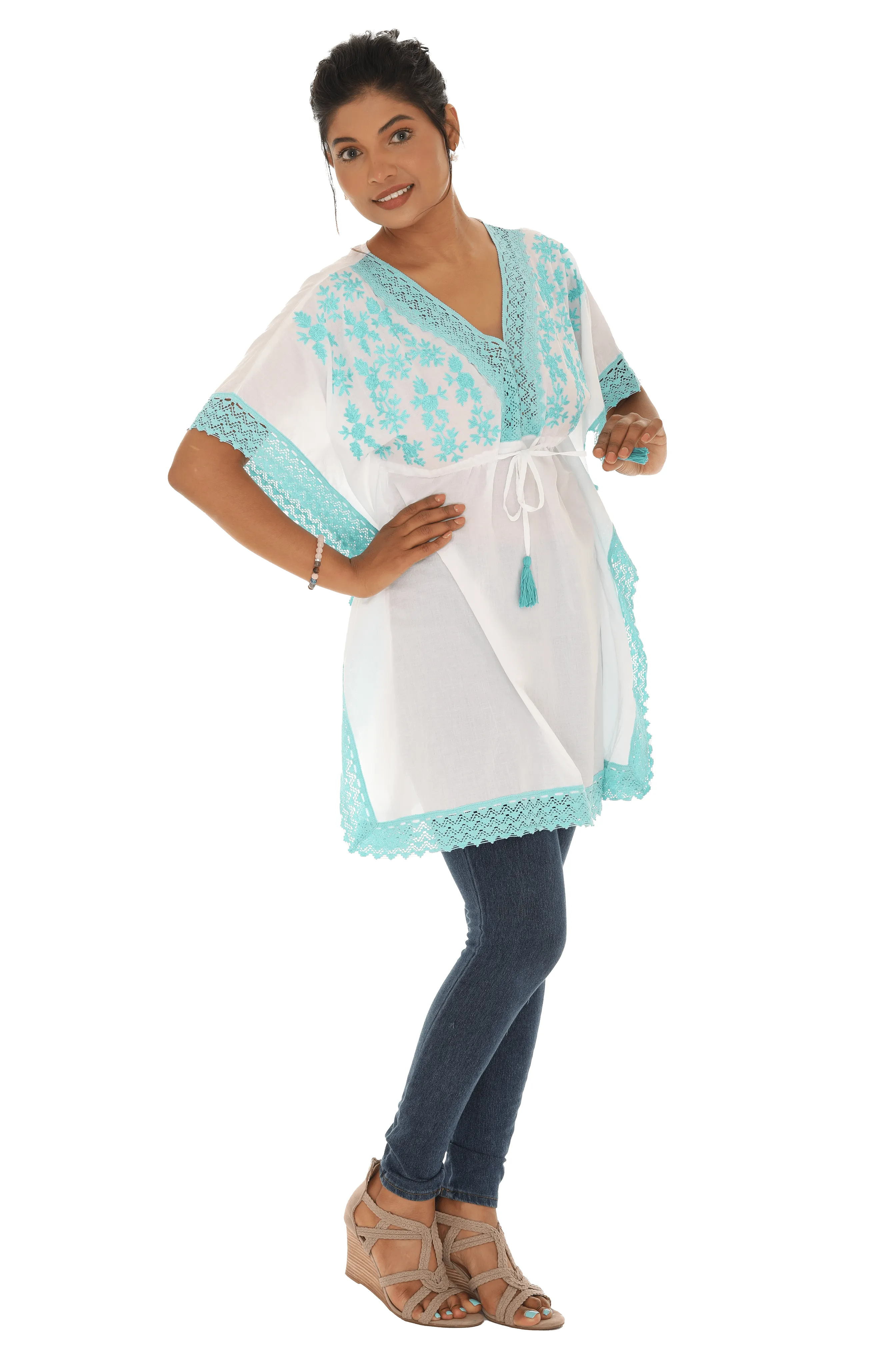 WHITE & TURQUOISE TUNIC STYLE KAFTAN