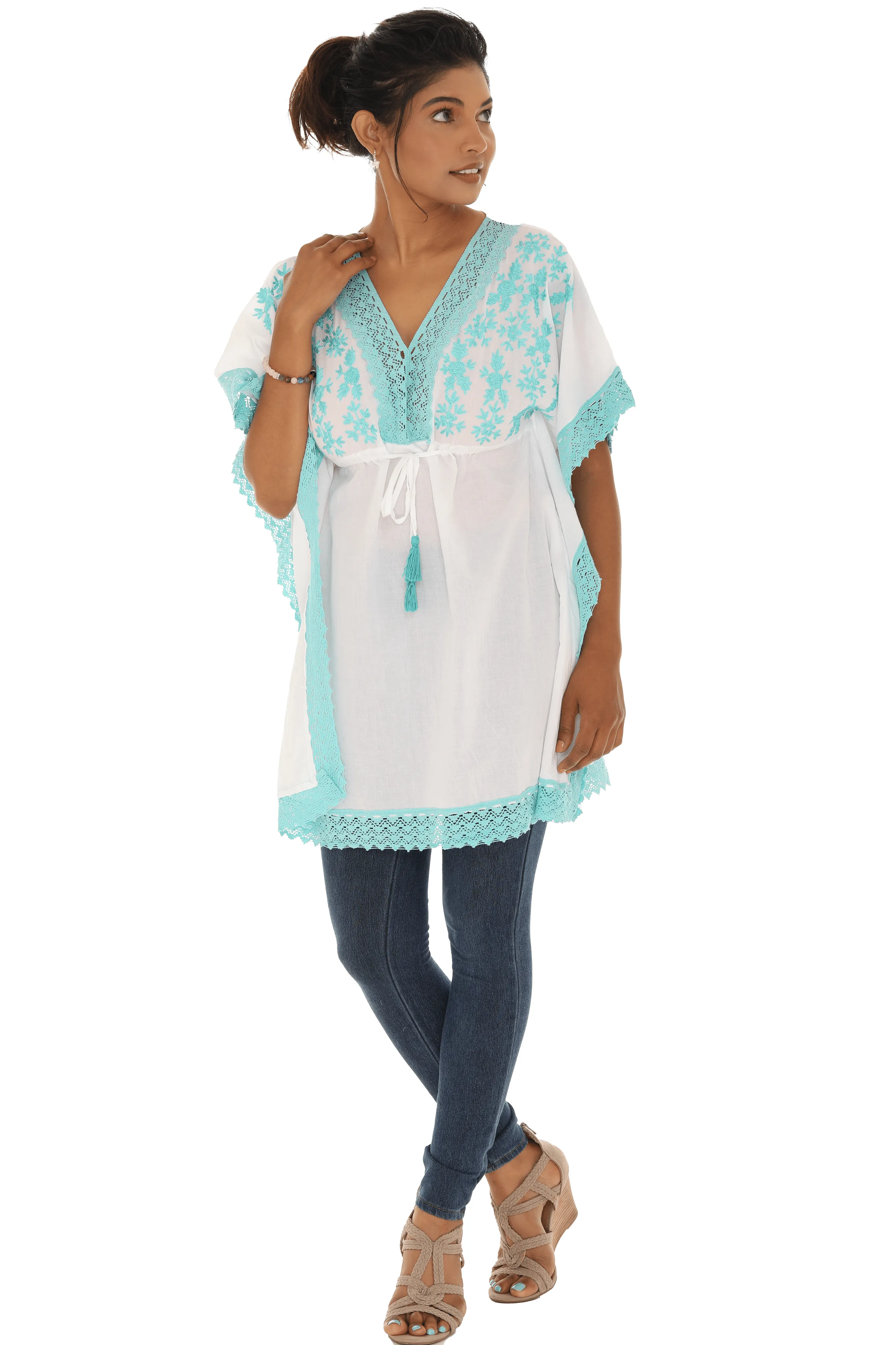 WHITE & TURQUOISE TUNIC STYLE KAFTAN