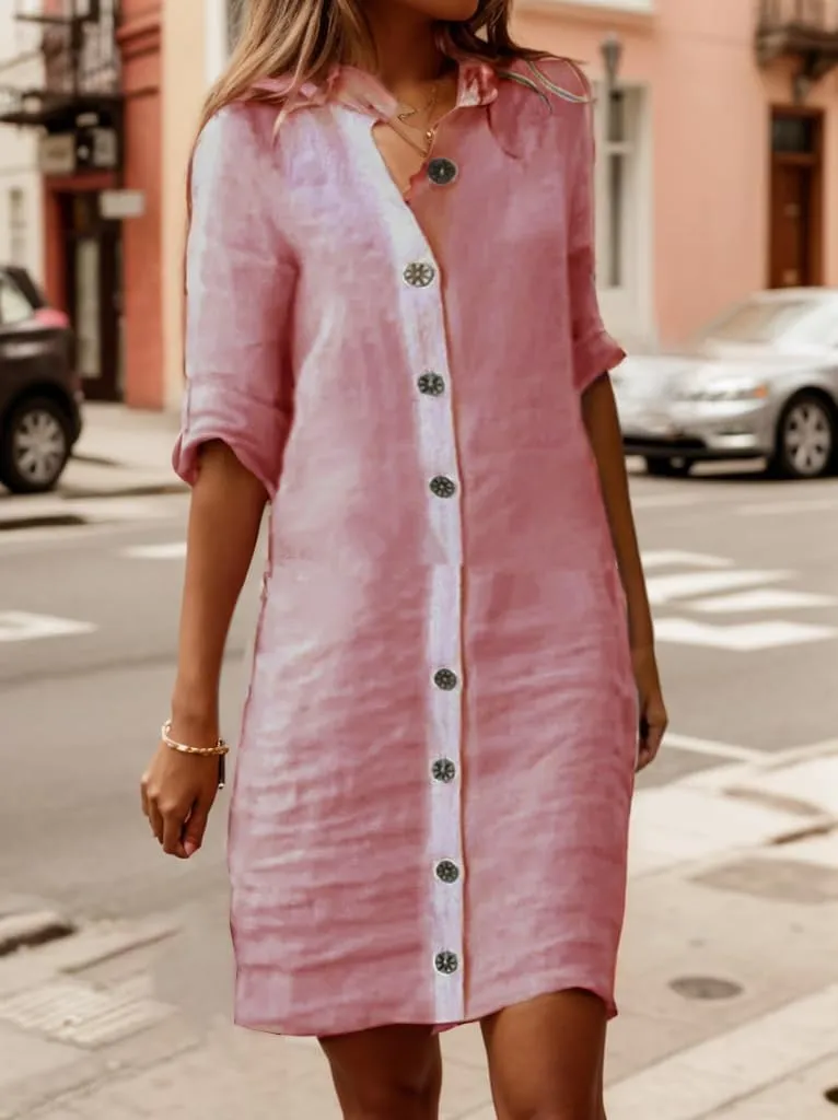 Women Casual Cotton Linen Tshirt Midi Dress Button Down Half Sleeve Stand Collar Loose Beach Flowy Shift Shirt Dress