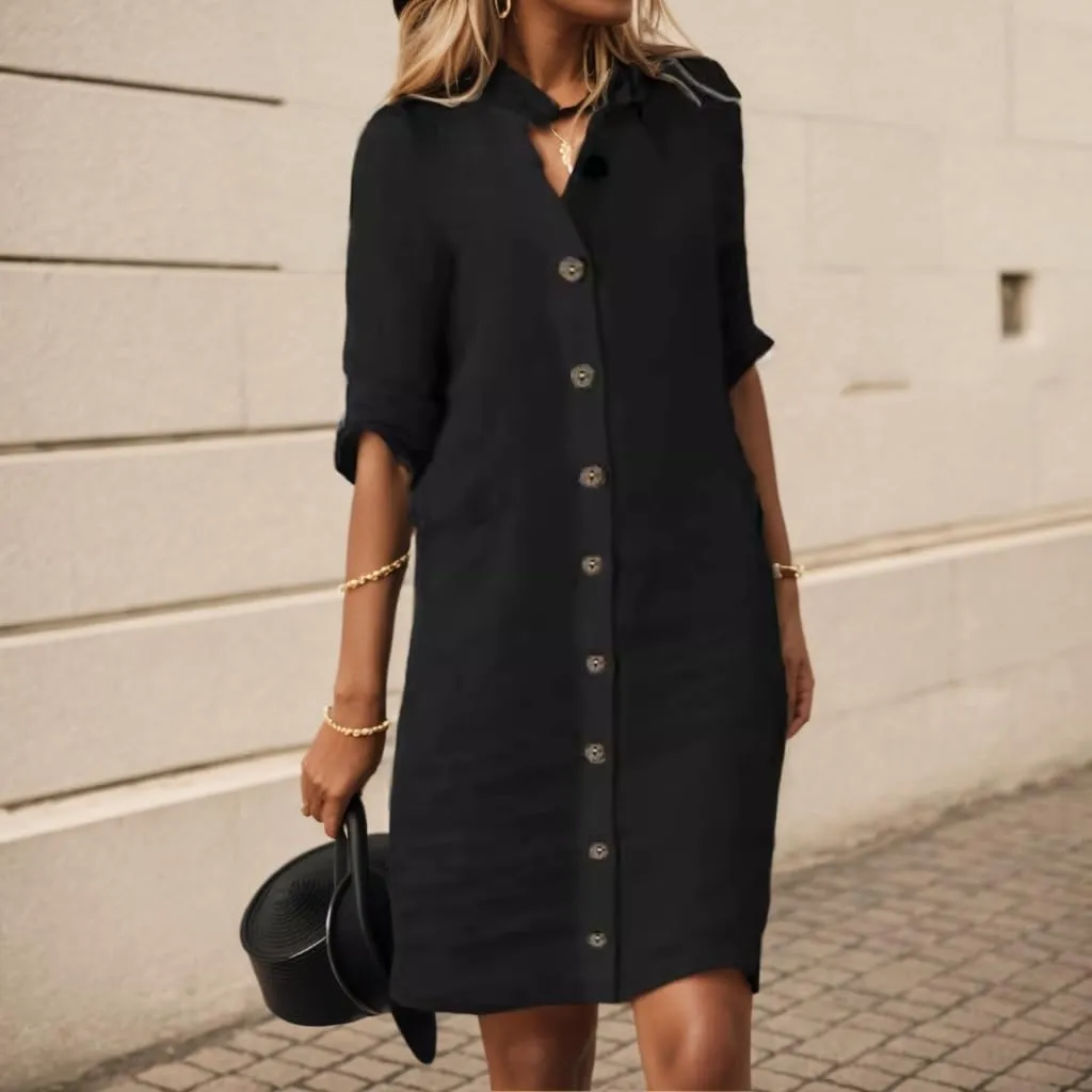Women Casual Cotton Linen Tshirt Midi Dress Button Down Half Sleeve Stand Collar Loose Beach Flowy Shift Shirt Dress