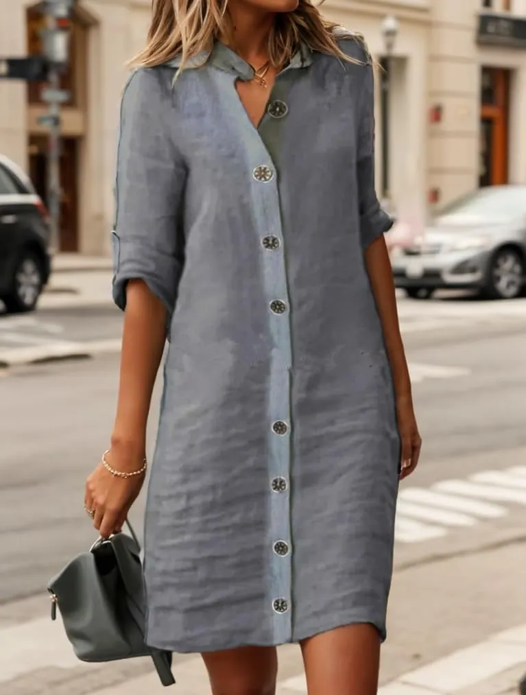 Women Casual Cotton Linen Tshirt Midi Dress Button Down Half Sleeve Stand Collar Loose Beach Flowy Shift Shirt Dress