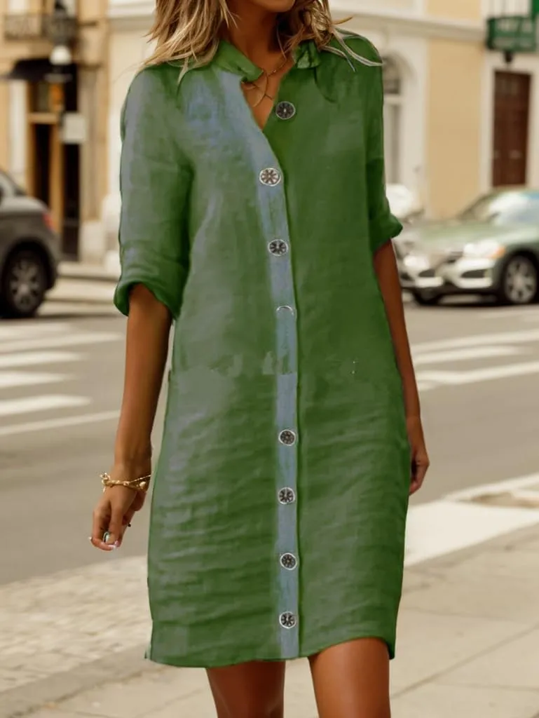 Women Casual Cotton Linen Tshirt Midi Dress Button Down Half Sleeve Stand Collar Loose Beach Flowy Shift Shirt Dress