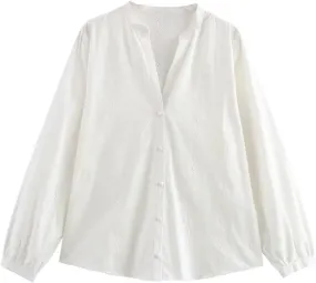 Women Embroidered Long-Sleeved Blouse Elegant Asymmetrical Hem Shirts Solid Colid Button Top