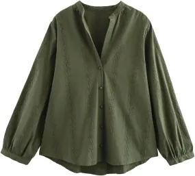 Women Embroidered Long-Sleeved Blouse Elegant Asymmetrical Hem Shirts Solid Colid Button Top