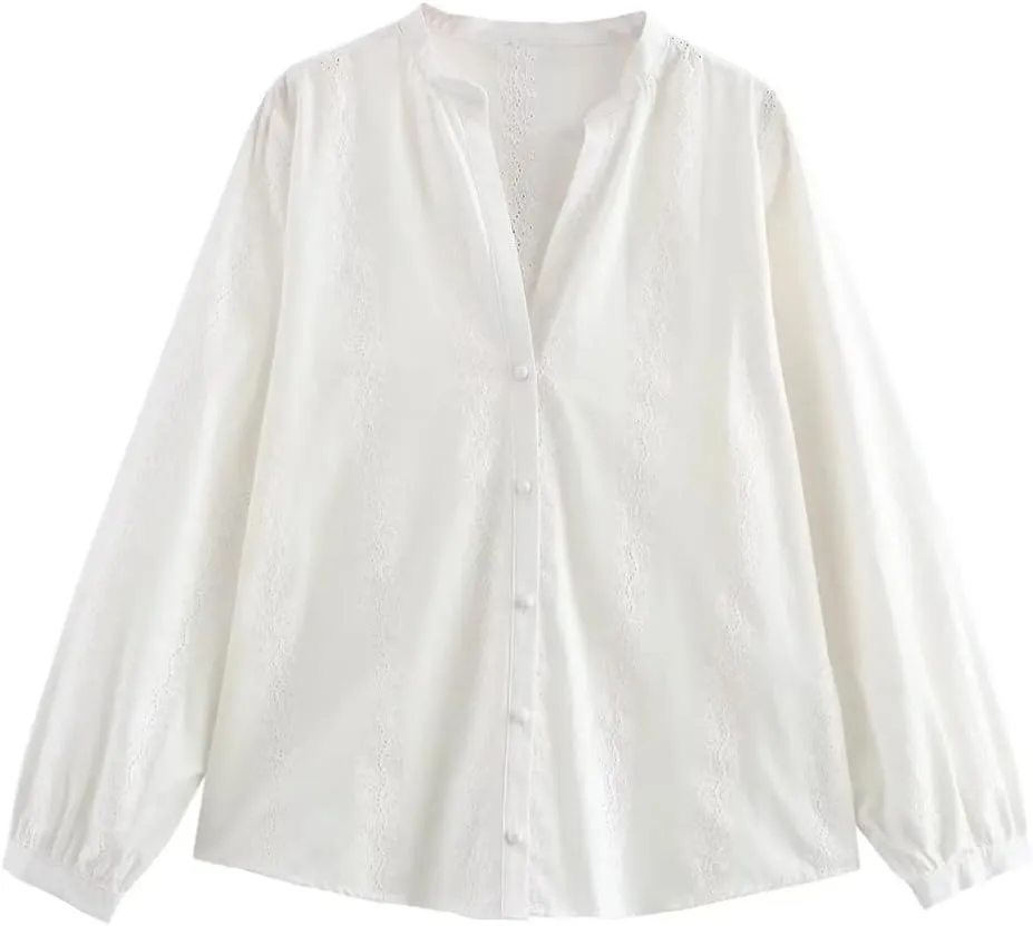 Women Embroidered Long-Sleeved Blouse Elegant Asymmetrical Hem Shirts Solid Colid Button Top