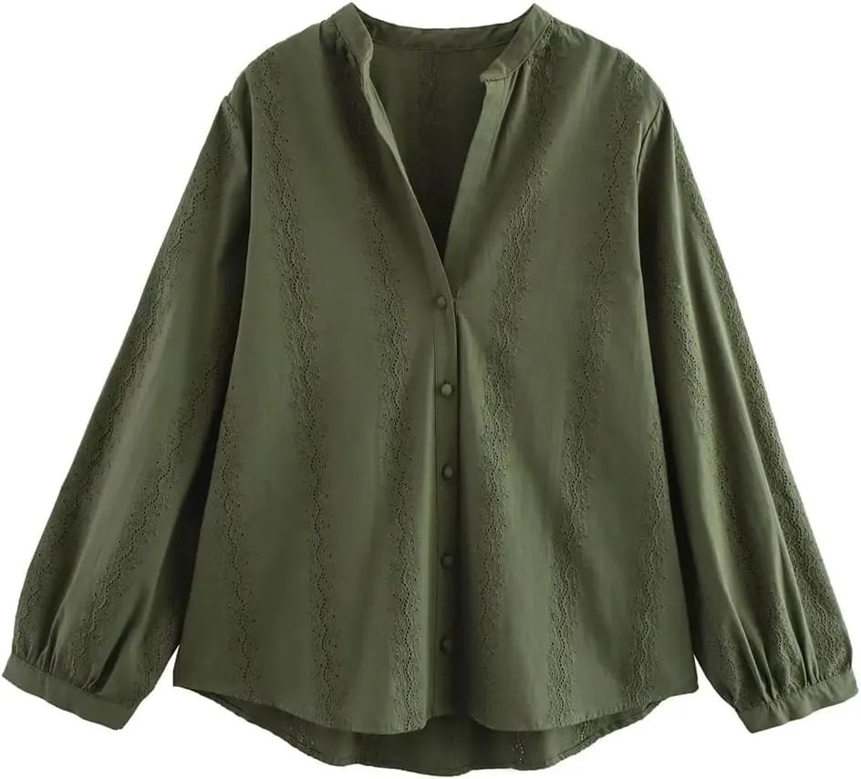 Women Embroidered Long-Sleeved Blouse Elegant Asymmetrical Hem Shirts Solid Colid Button Top
