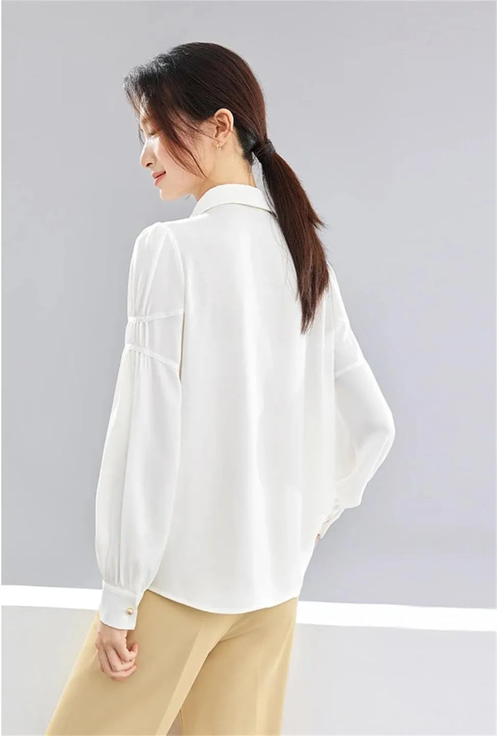 Women Lapel Single Breasted Shirt Solid Elegant Office Lady Blouse Long Sleeve Lapel Buttons Tops