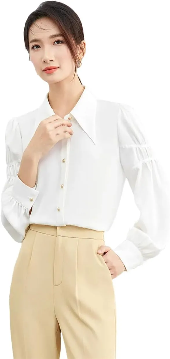 Women Lapel Single Breasted Shirt Solid Elegant Office Lady Blouse Long Sleeve Lapel Buttons Tops