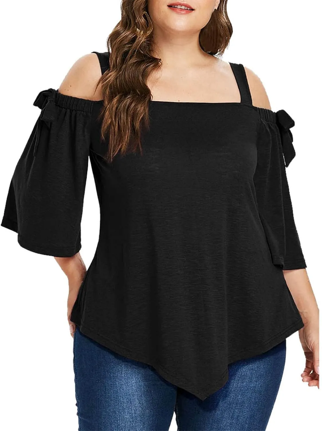 Women Plus Size Tops Cold Shoulder Short Sleeve Batwing Top Elegant Asymmetrical Hem Blouse Solid Loose Tunic Shirts