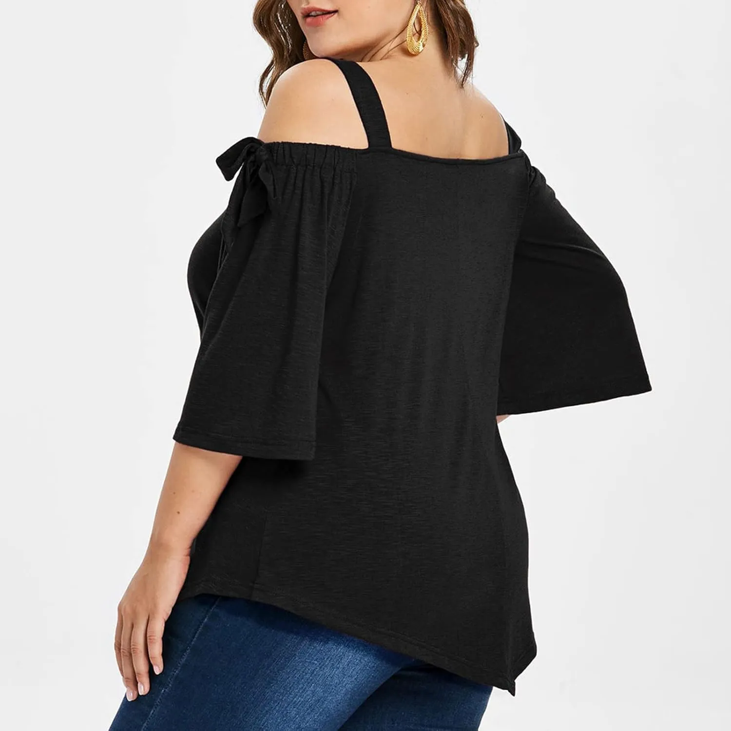Women Plus Size Tops Cold Shoulder Short Sleeve Batwing Top Elegant Asymmetrical Hem Blouse Solid Loose Tunic Shirts