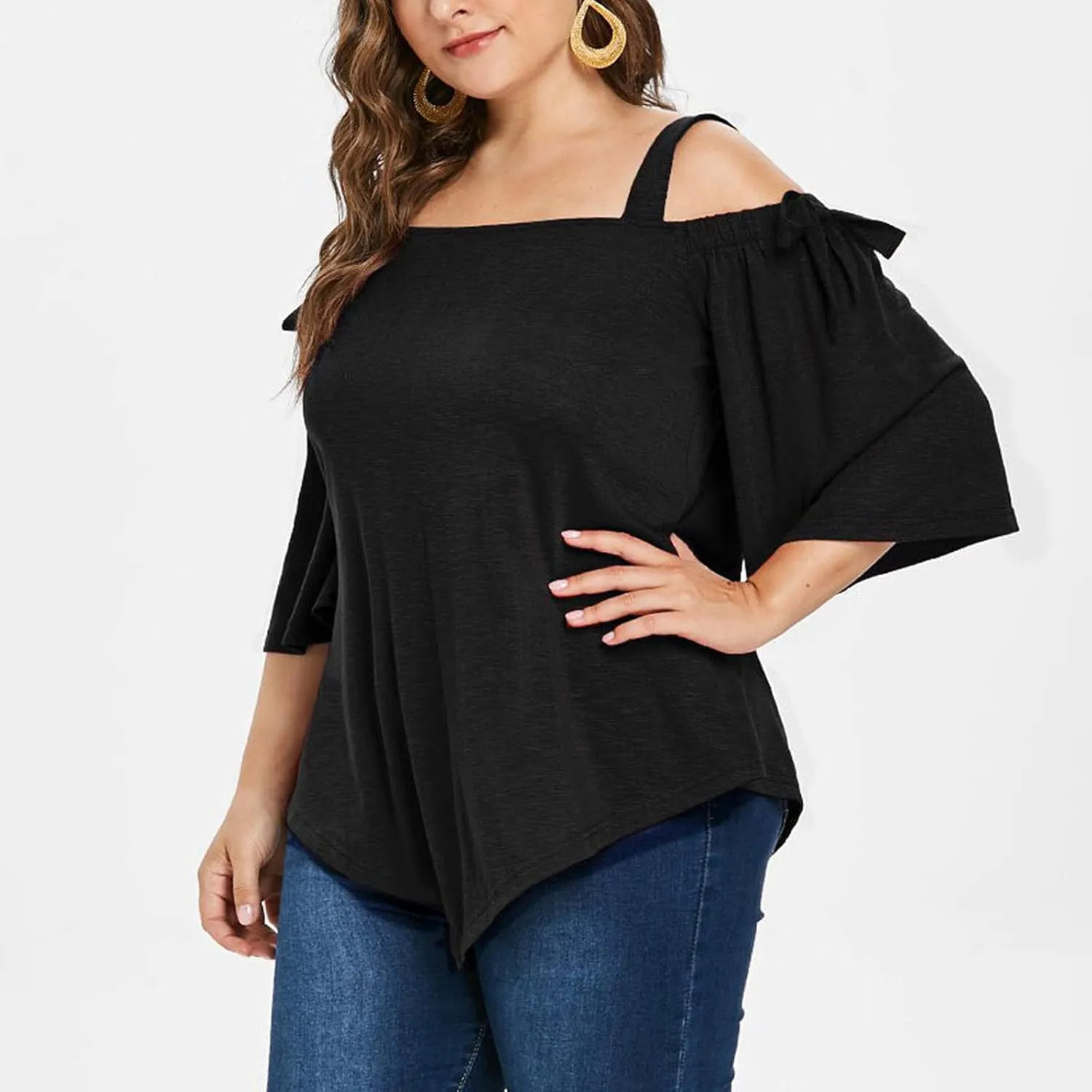 Women Plus Size Tops Cold Shoulder Short Sleeve Batwing Top Elegant Asymmetrical Hem Blouse Solid Loose Tunic Shirts