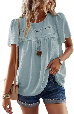 Women Summer Short Sleeve Flowy Tops Casual Crew Neck Lace Trim Boho Lounge Blouses Solid Loose Fit Gauze Shirts
