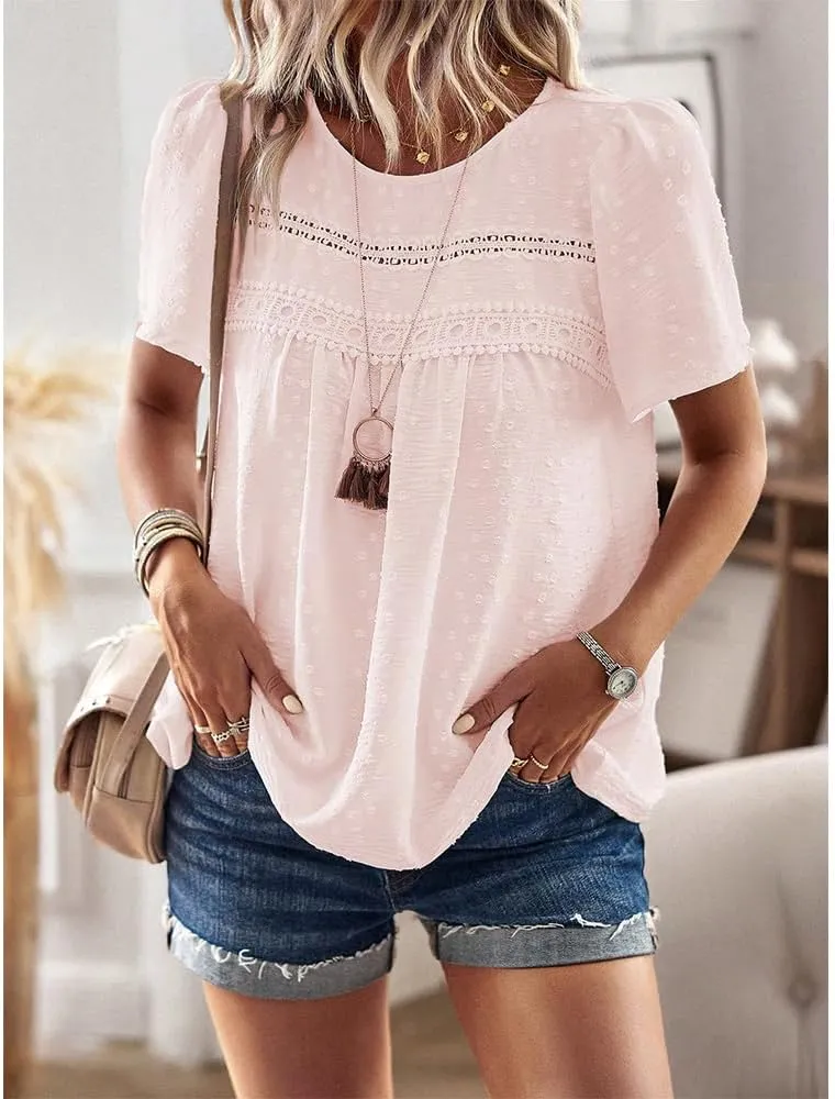 Women Summer Short Sleeve Flowy Tops Casual Crew Neck Lace Trim Boho Lounge Blouses Solid Loose Fit Gauze Shirts
