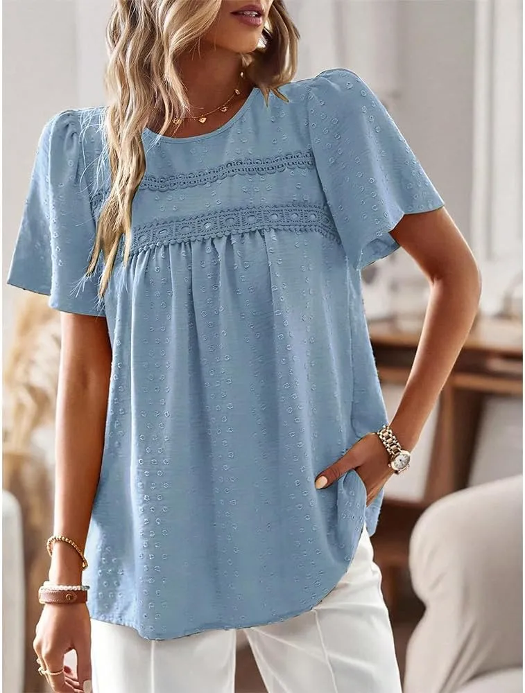 Women Summer Short Sleeve Flowy Tops Casual Crew Neck Lace Trim Boho Lounge Blouses Solid Loose Fit Gauze Shirts
