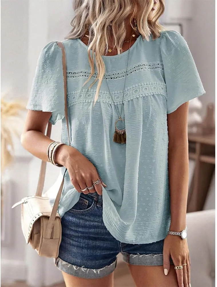 Women Summer Short Sleeve Flowy Tops Casual Crew Neck Lace Trim Boho Lounge Blouses Solid Loose Fit Gauze Shirts