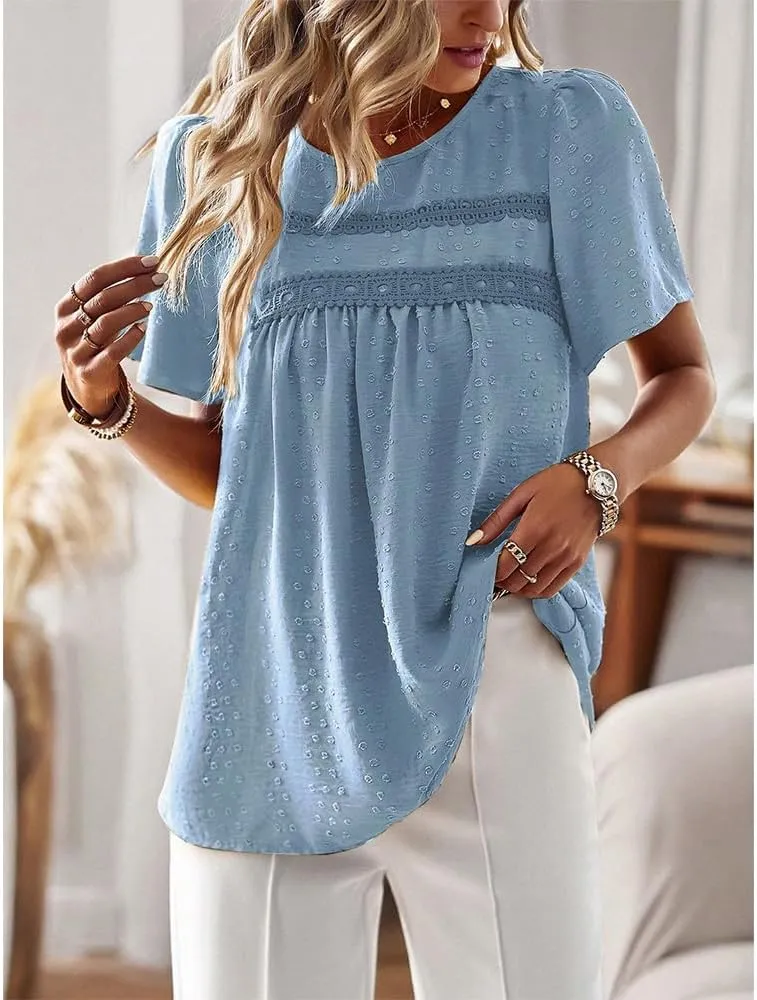 Women Summer Short Sleeve Flowy Tops Casual Crew Neck Lace Trim Boho Lounge Blouses Solid Loose Fit Gauze Shirts