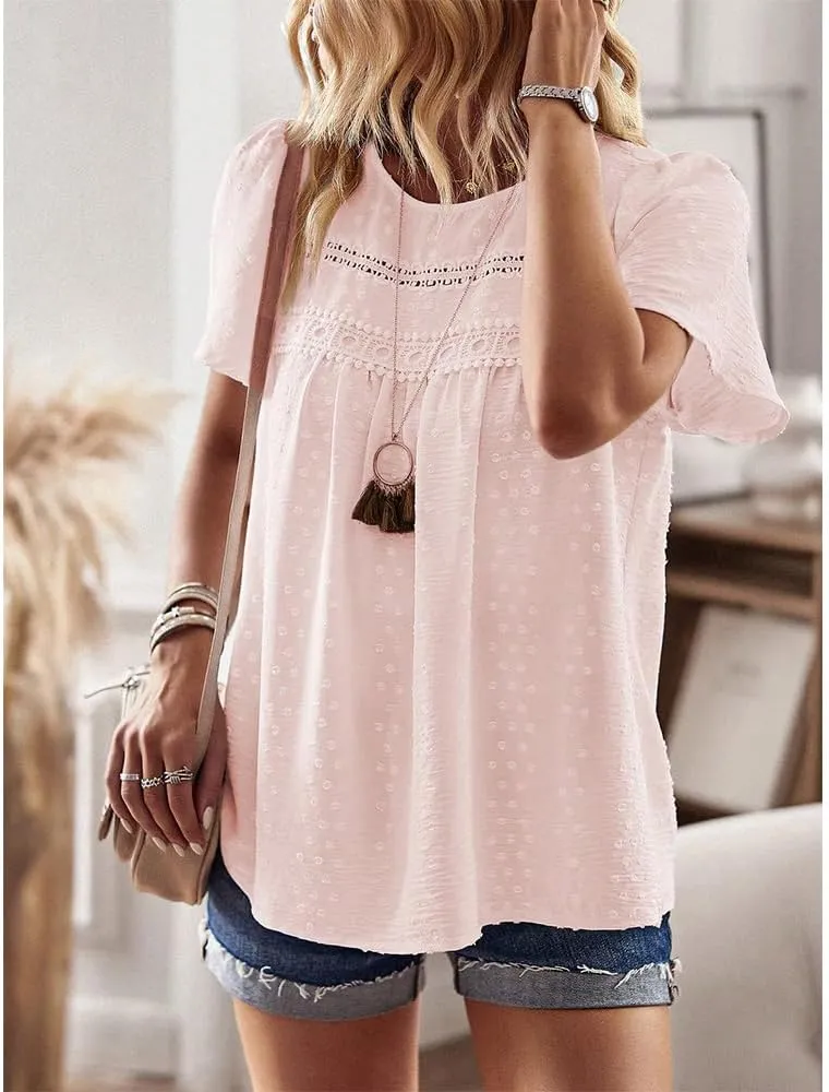 Women Summer Short Sleeve Flowy Tops Casual Crew Neck Lace Trim Boho Lounge Blouses Solid Loose Fit Gauze Shirts