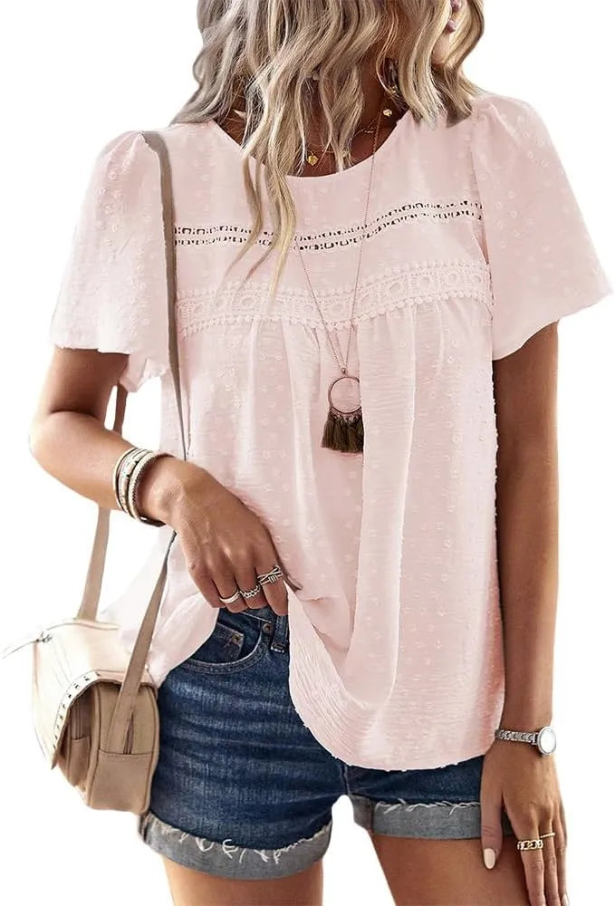 Women Summer Short Sleeve Flowy Tops Casual Crew Neck Lace Trim Boho Lounge Blouses Solid Loose Fit Gauze Shirts