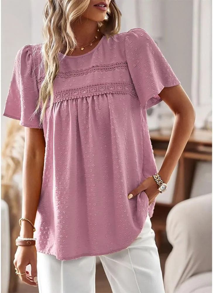 Women Summer Short Sleeve Flowy Tops Casual Crew Neck Lace Trim Boho Lounge Blouses Solid Loose Fit Gauze Shirts