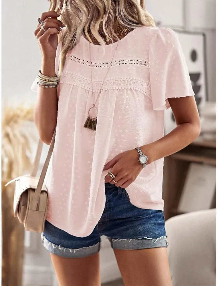Women Summer Short Sleeve Flowy Tops Casual Crew Neck Lace Trim Boho Lounge Blouses Solid Loose Fit Gauze Shirts