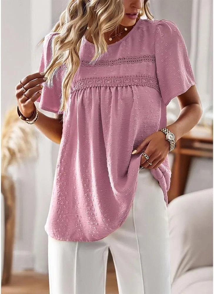 Women Summer Short Sleeve Flowy Tops Casual Crew Neck Lace Trim Boho Lounge Blouses Solid Loose Fit Gauze Shirts