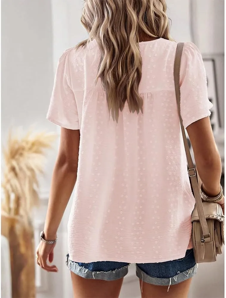 Women Summer Short Sleeve Flowy Tops Casual Crew Neck Lace Trim Boho Lounge Blouses Solid Loose Fit Gauze Shirts