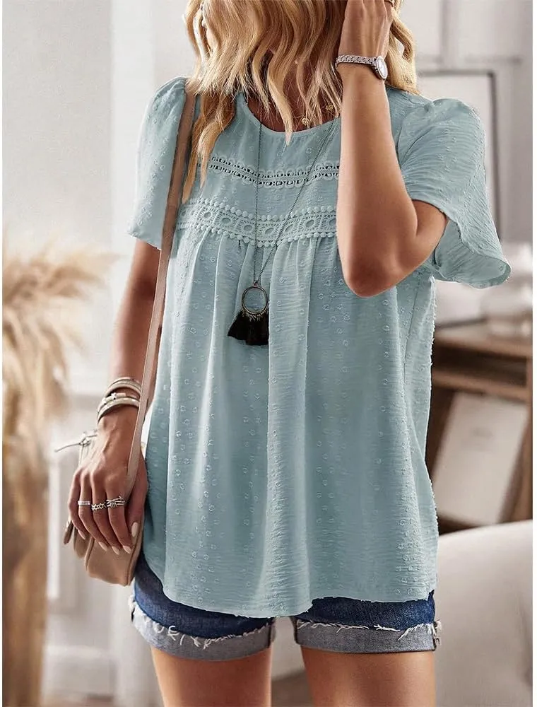 Women Summer Short Sleeve Flowy Tops Casual Crew Neck Lace Trim Boho Lounge Blouses Solid Loose Fit Gauze Shirts