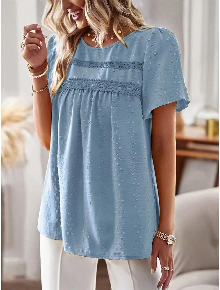 Women Summer Short Sleeve Flowy Tops Casual Crew Neck Lace Trim Boho Lounge Blouses Solid Loose Fit Gauze Shirts