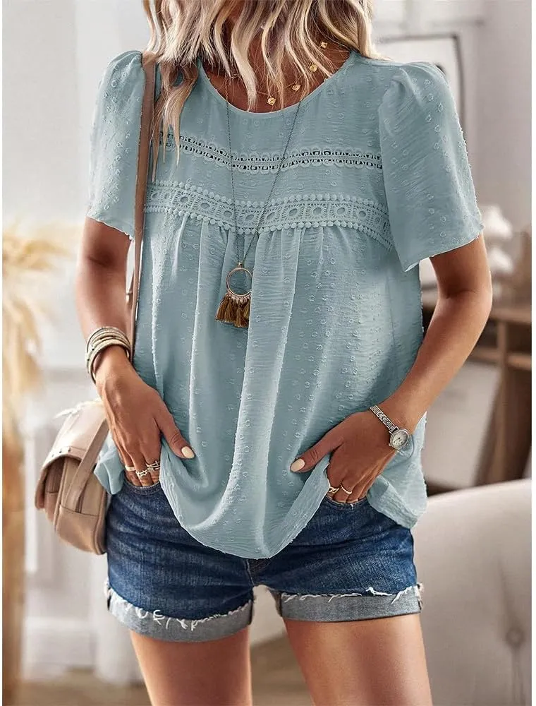 Women Summer Short Sleeve Flowy Tops Casual Crew Neck Lace Trim Boho Lounge Blouses Solid Loose Fit Gauze Shirts
